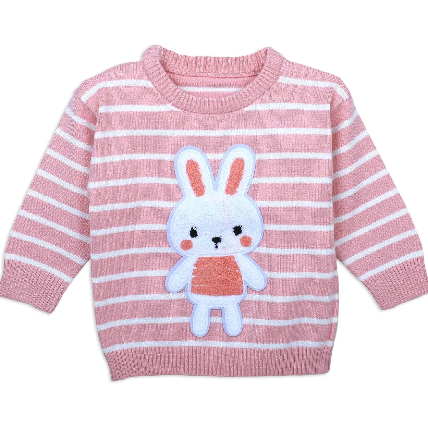 Hopping Rabbit Striped Premium Full Sleeves Knitted Sweater - Pink
