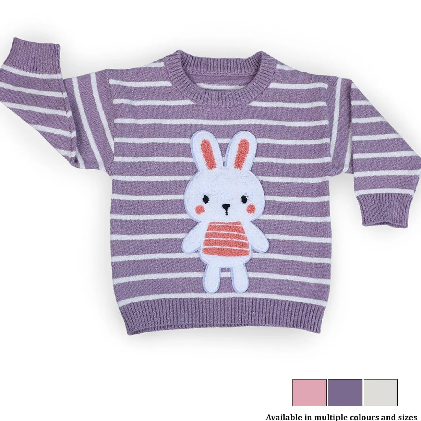 Hopping Rabbit Striped Premium Full Sleeves Knitted Sweater - Purple
