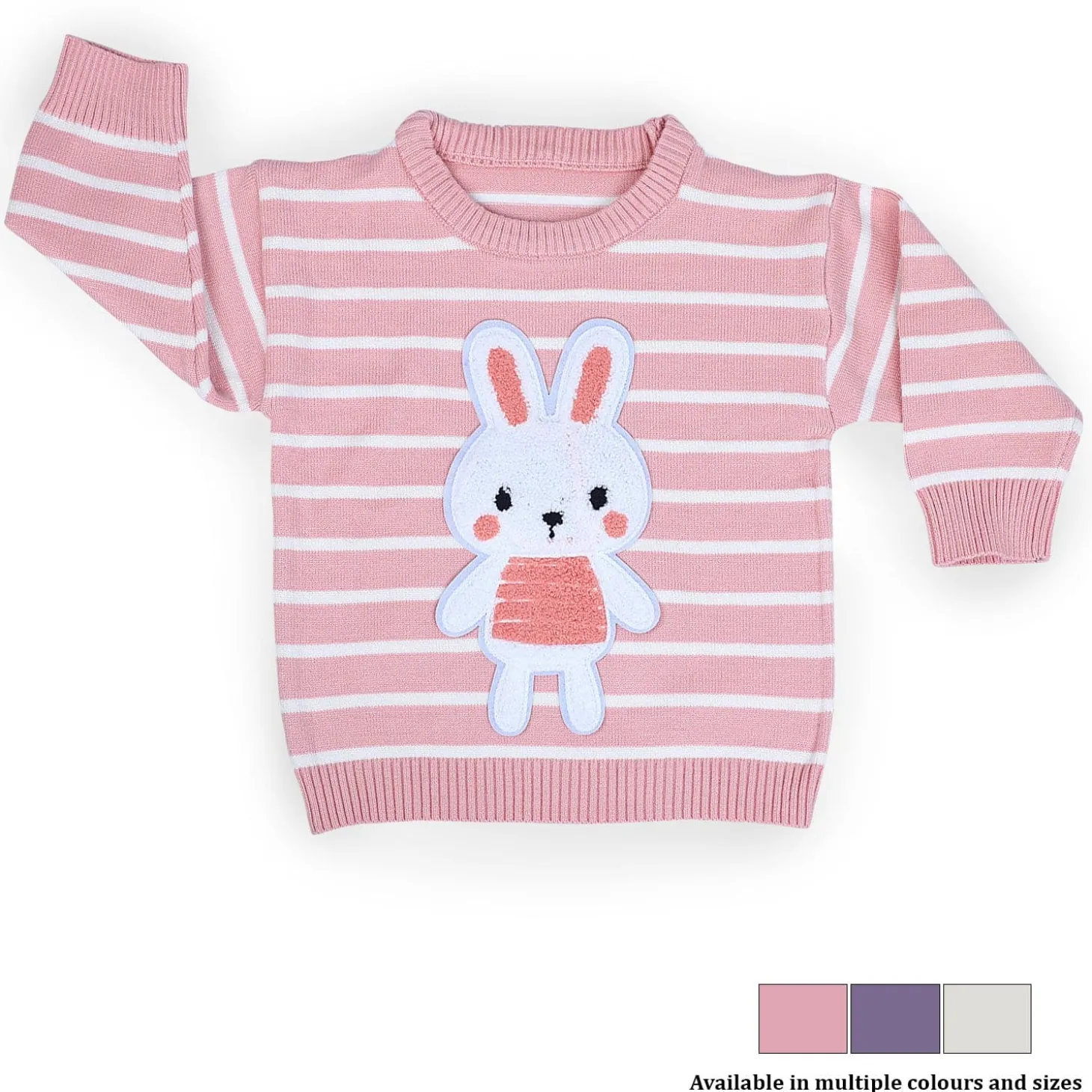 Hopping Rabbit Striped Premium Full Sleeves Knitted Sweater - Pink