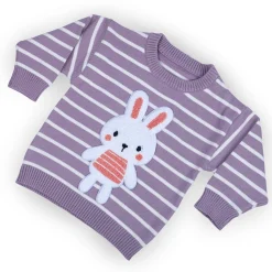 Hopping Rabbit Striped Premium Full Sleeves Knitted Sweater - Purple