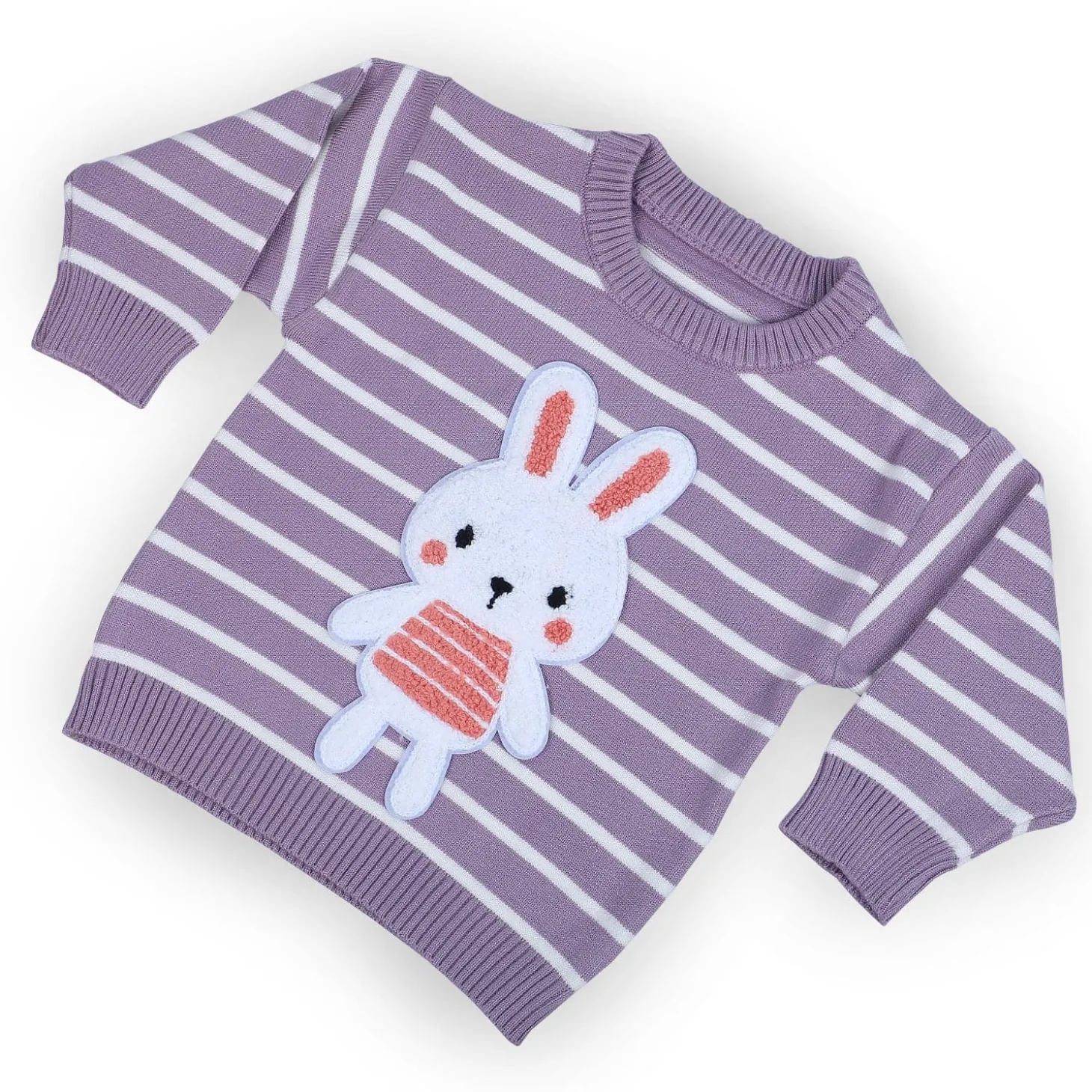 Hopping Rabbit Striped Premium Full Sleeves Knitted Sweater - Purple