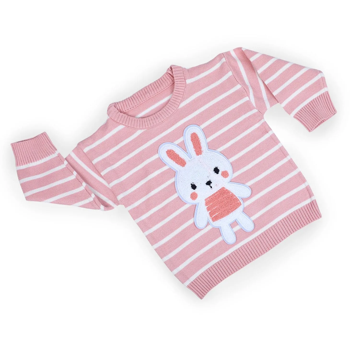Hopping Rabbit Striped Premium Full Sleeves Knitted Sweater - Pink