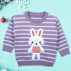 Hopping Rabbit Striped Premium Full Sleeves Knitted Sweater - Purple