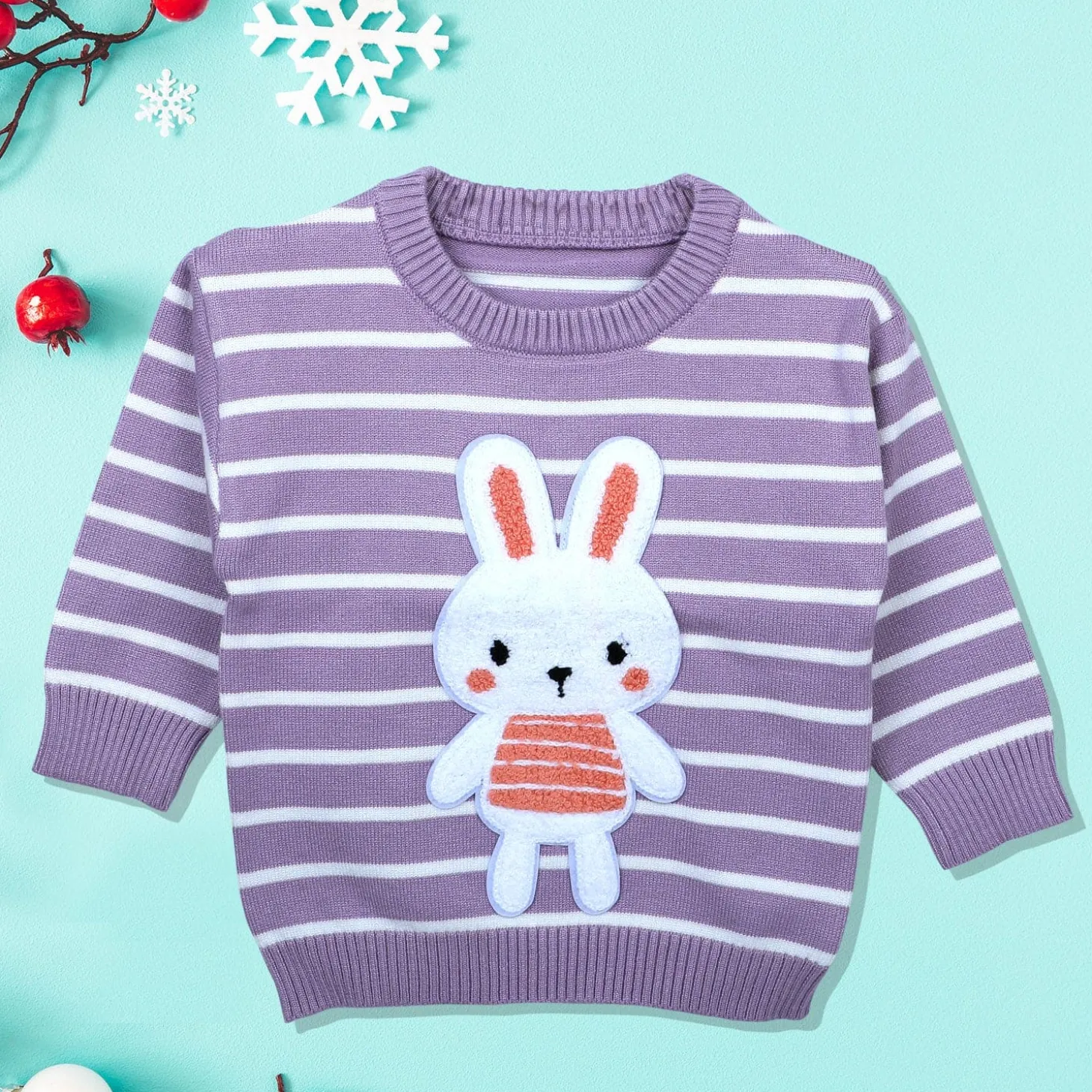 Hopping Rabbit Striped Premium Full Sleeves Knitted Sweater - Purple