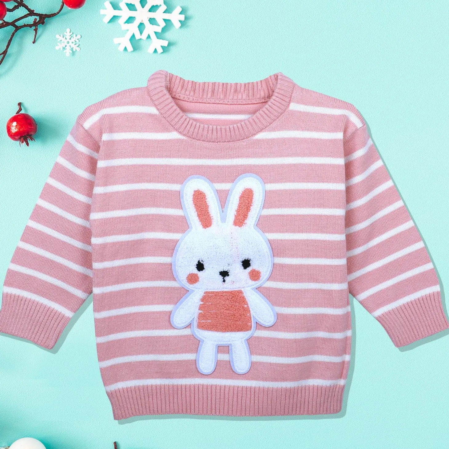 Hopping Rabbit Striped Premium Full Sleeves Knitted Sweater - Pink