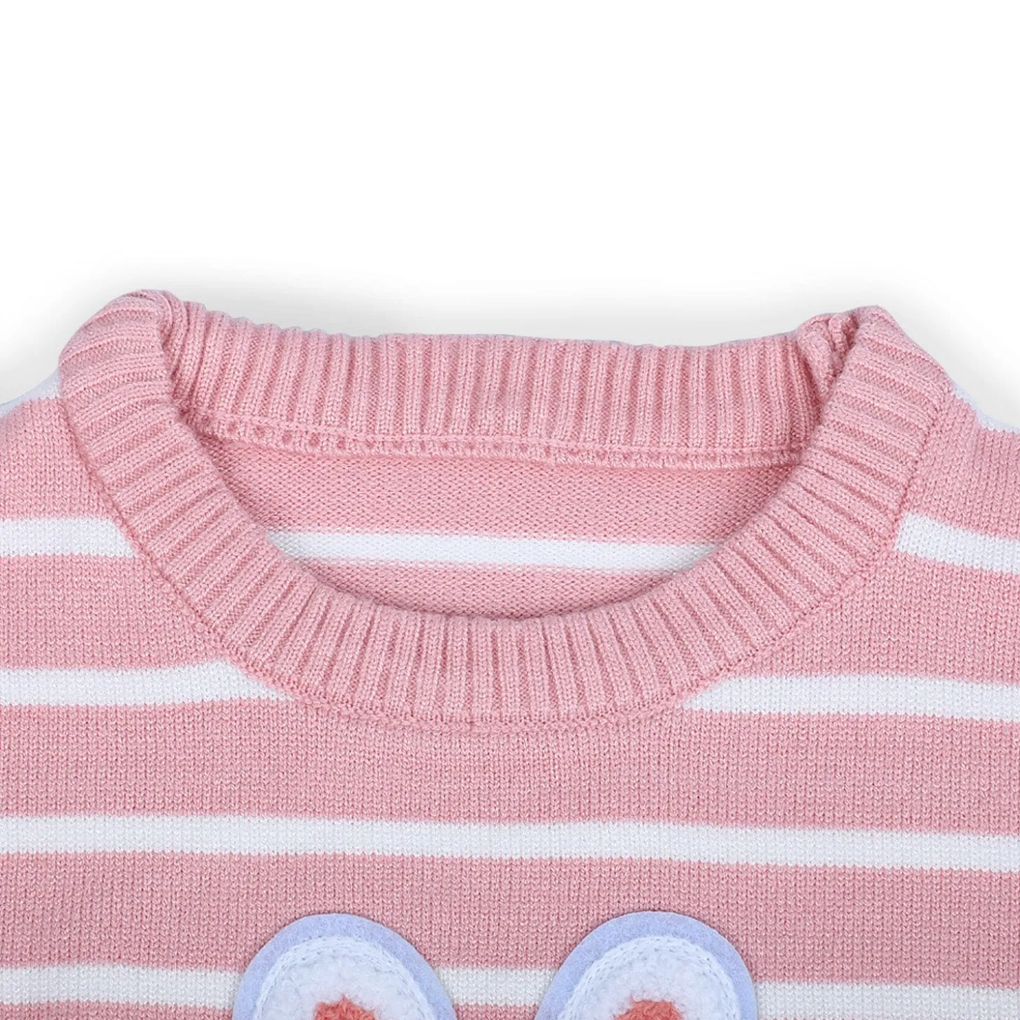 Hopping Rabbit Striped Premium Full Sleeves Knitted Sweater - Pink