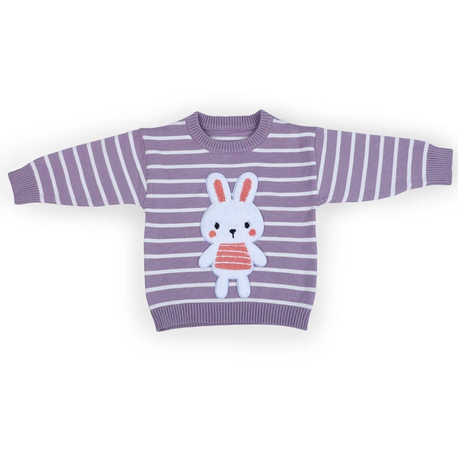 Hopping Rabbit Striped Premium Full Sleeves Knitted Sweater - Purple
