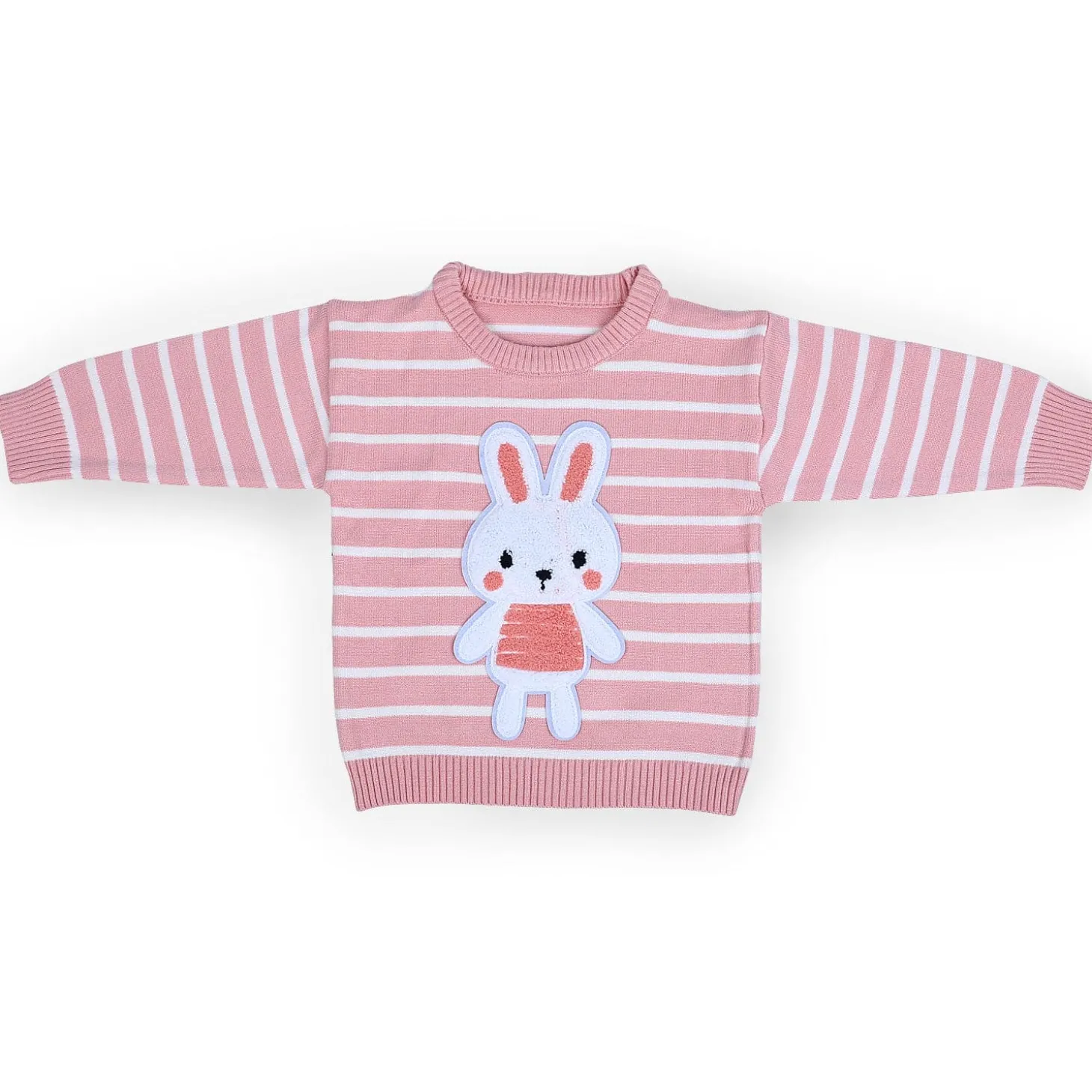 Hopping Rabbit Striped Premium Full Sleeves Knitted Sweater - Pink
