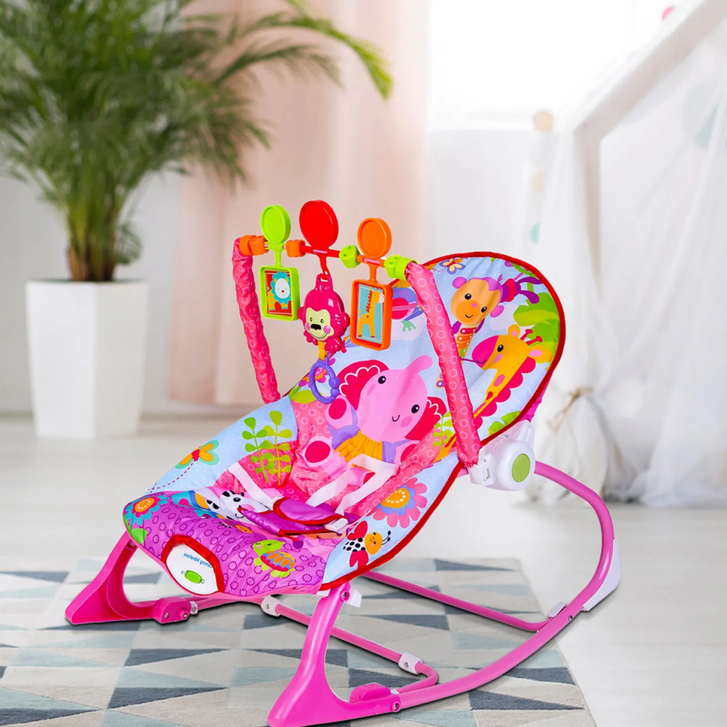 Infant To Toddler Happy Baby Bouncer With Hanging Toys Pink