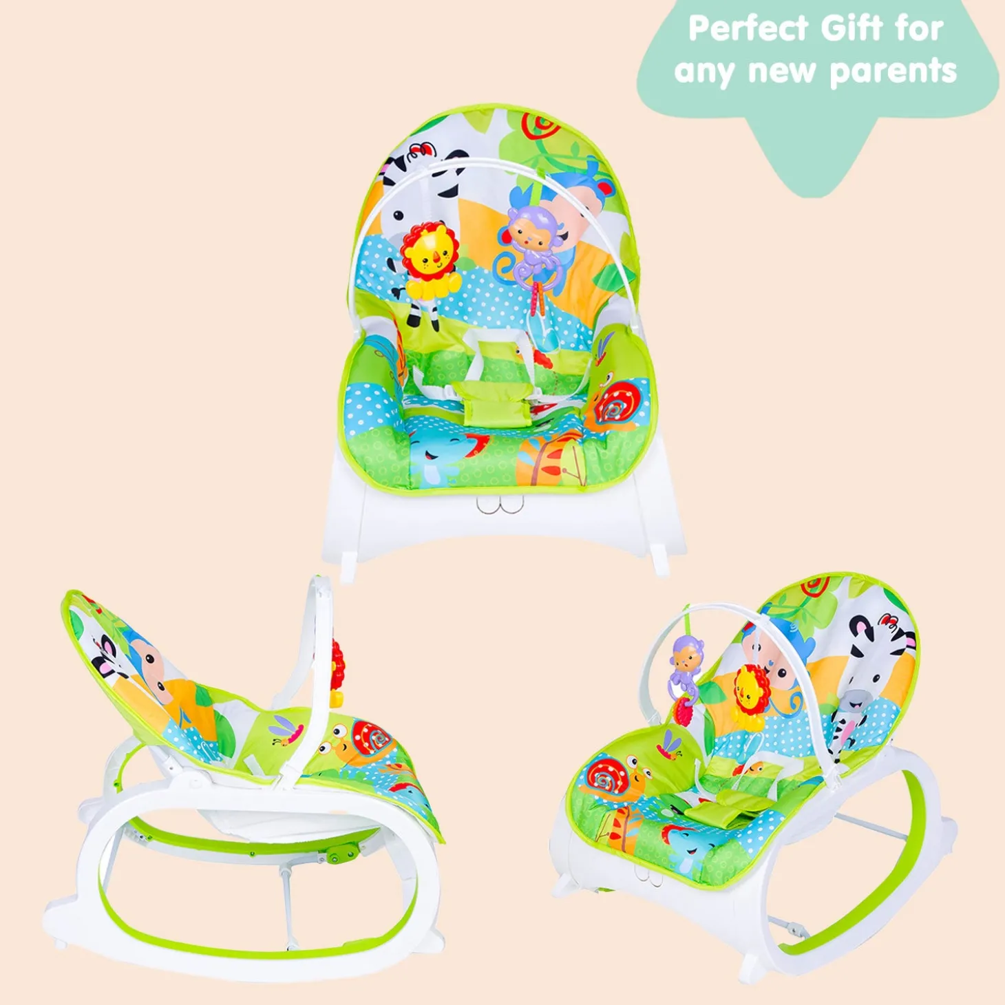 Infant To Toddler Happy Baby Bouncer With Hanging Toys Green