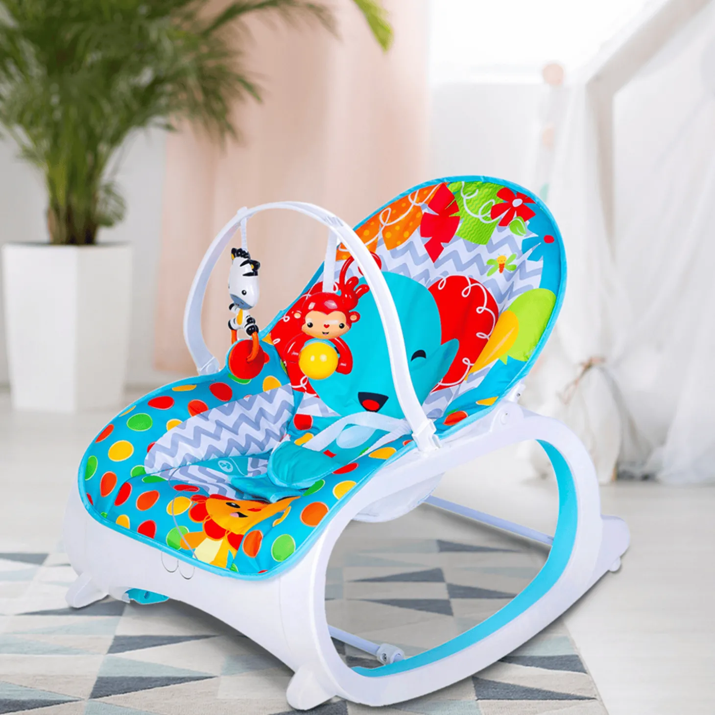 Infant To Toddler Polka Dots Happy Baby Bouncer With Hanging Toys Blue