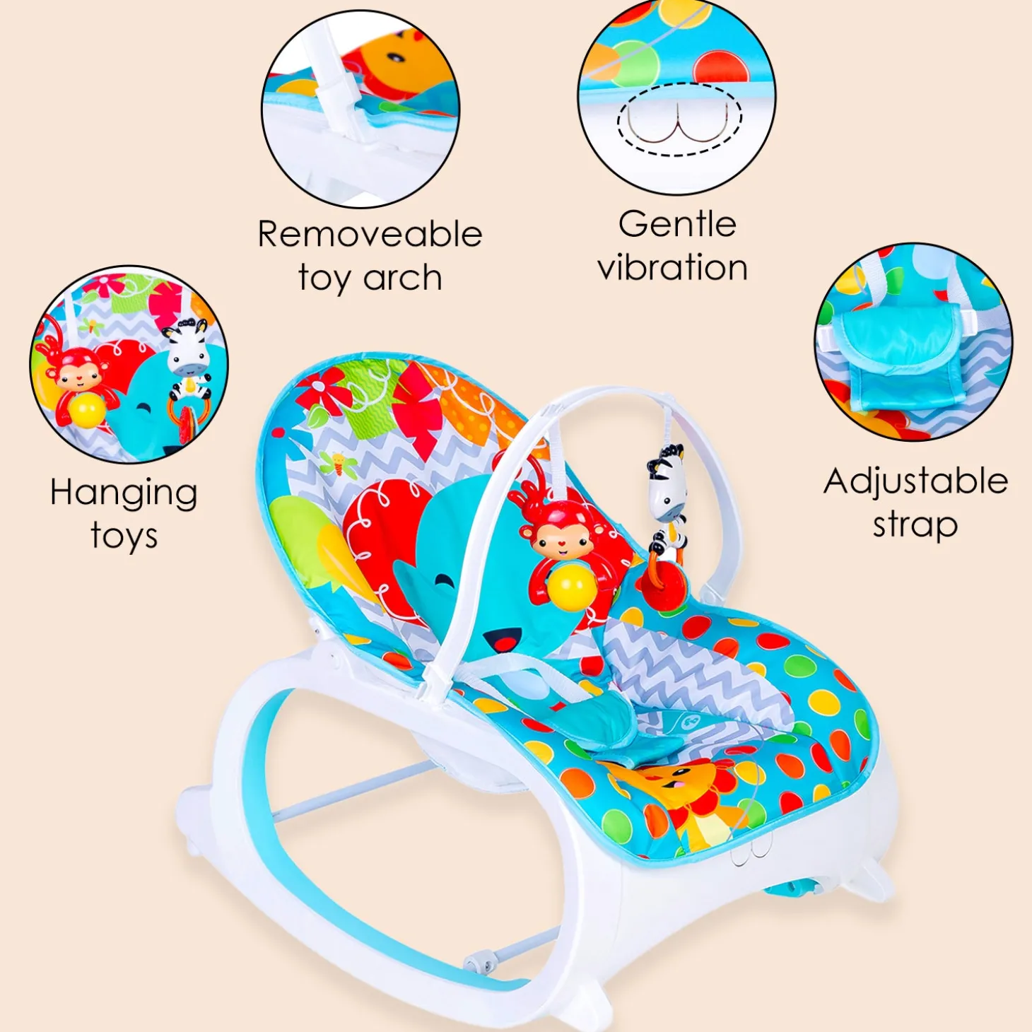 Infant To Toddler Polka Dots Happy Baby Bouncer With Hanging Toys Blue
