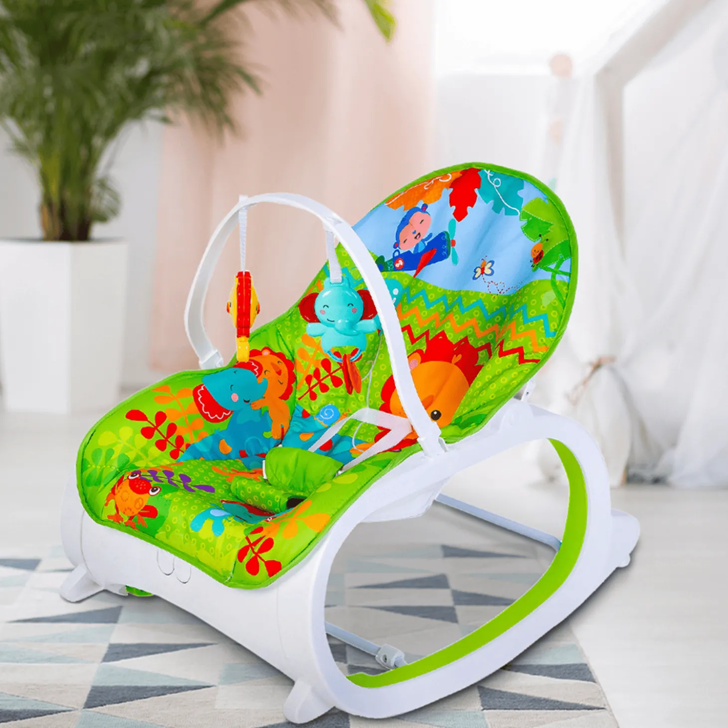 Infant To Toddler With Animals In Jungle Happy Baby Bouncer With Hanging Toys Green
