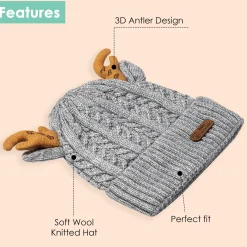 Knit Woollen Cap 3D Alphabet Antler Grey