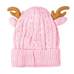 Knit Woollen Cap 3D Alphabet Antler Pink