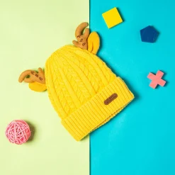 Knit Woollen Cap 3D Alphabet Antler Yellow