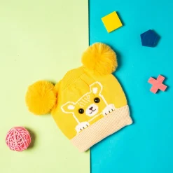 Knit Woollen Cap Pom Pom Bear Yellow