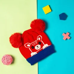 Knit Woollen Cap Pom Pom Bear Red And Blue