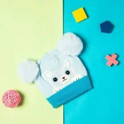 Knit Woollen Cap Pom Pom Bear Blue