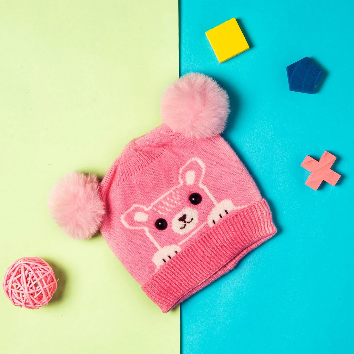 Knit Woollen Cap Pom Pom Bear Pink