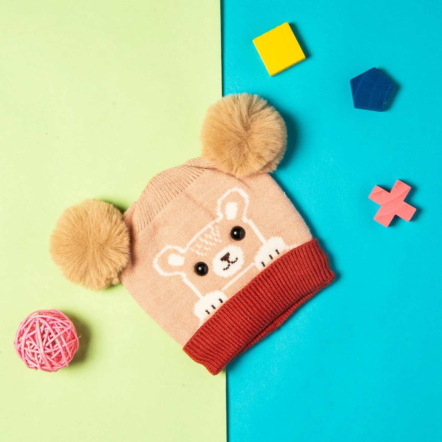 Knit Woollen Cap Pom Pom Bear Peach