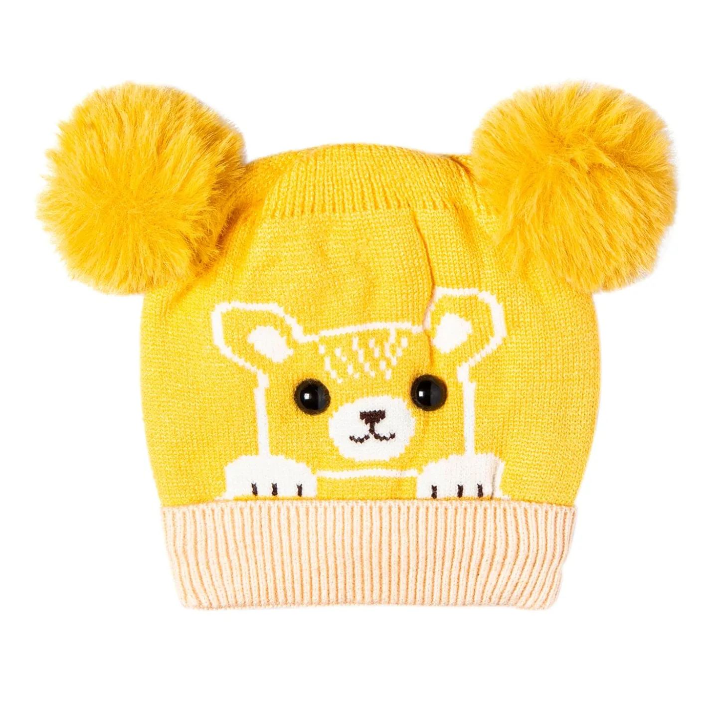 Knit Woollen Cap Pom Pom Bear Yellow