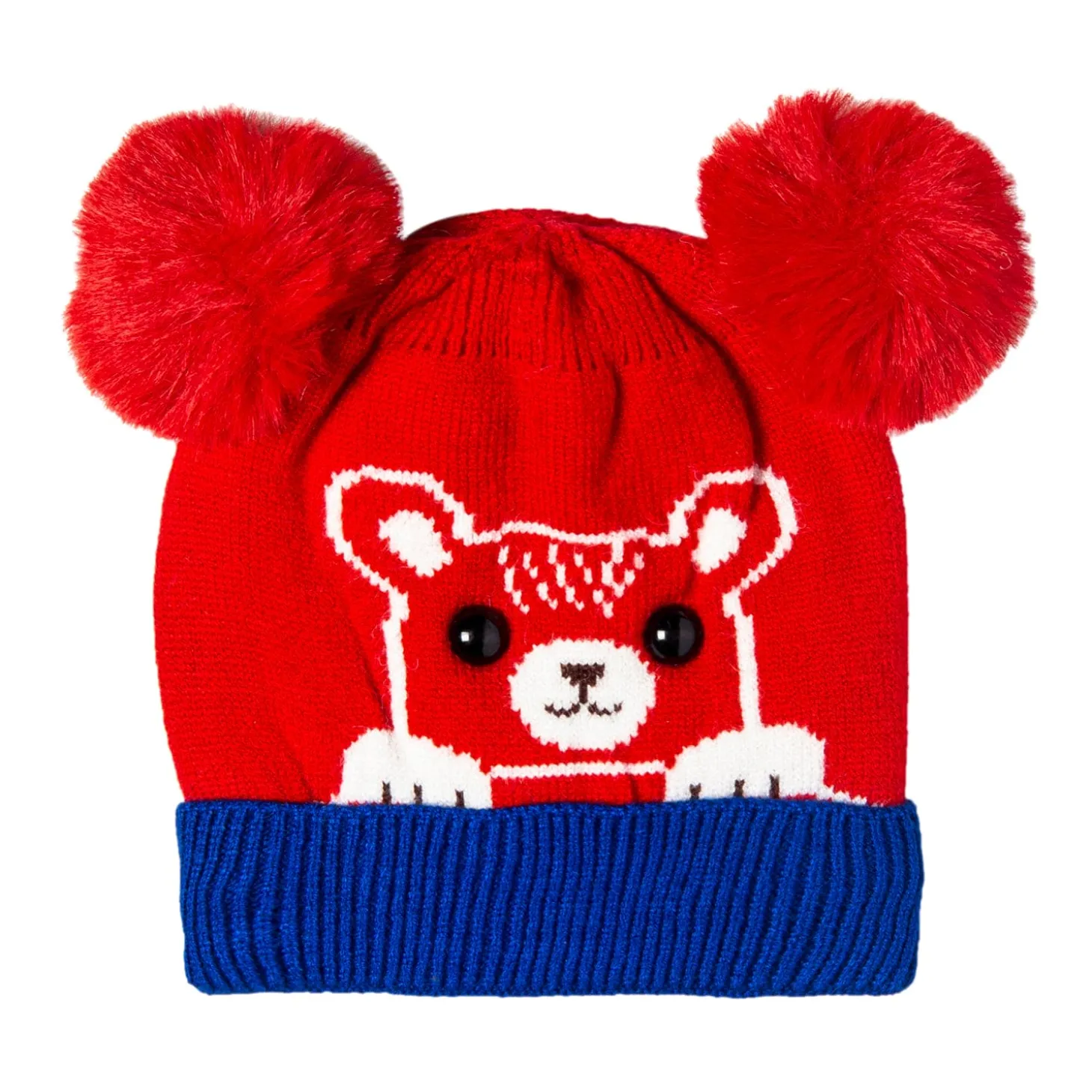 Knit Woollen Cap Pom Pom Bear Red And Blue