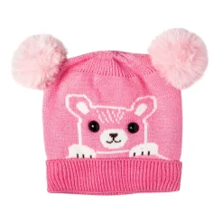 Knit Woollen Cap Pom Pom Bear Pink