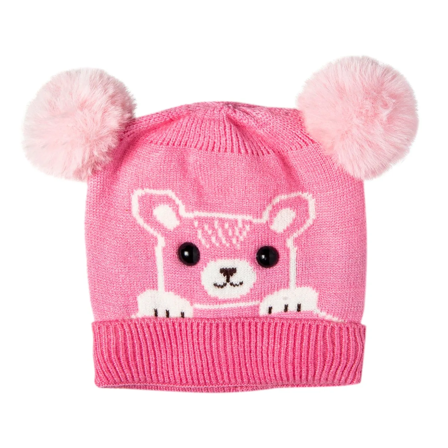 Knit Woollen Cap Pom Pom Bear Pink