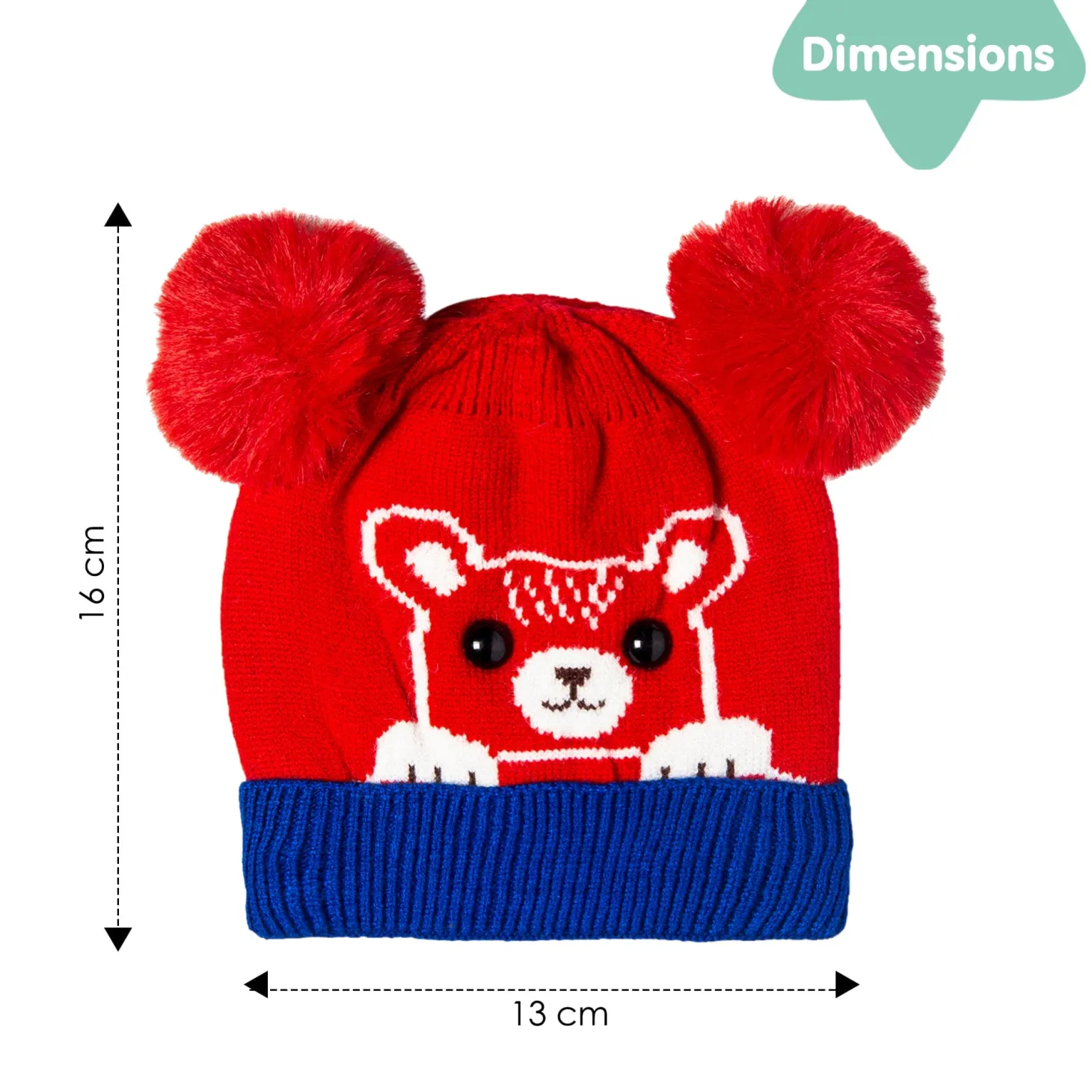 Knit Woollen Cap Pom Pom Bear Red And Blue