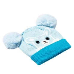 Knit Woollen Cap Pom Pom Bear Blue