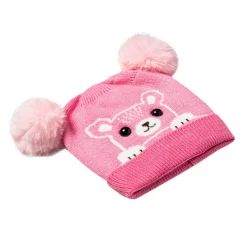 Knit Woollen Cap Pom Pom Bear Pink
