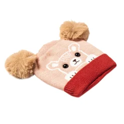 Knit Woollen Cap Pom Pom Bear Peach