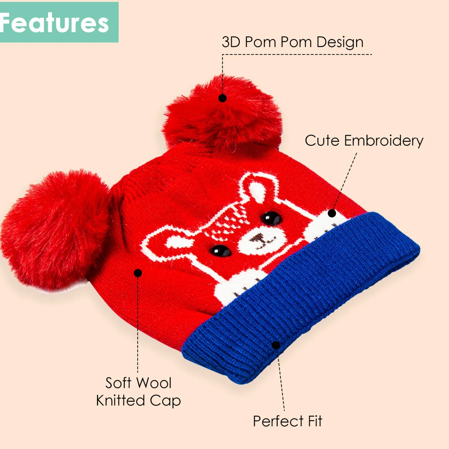 Knit Woollen Cap Pom Pom Bear Red And Blue
