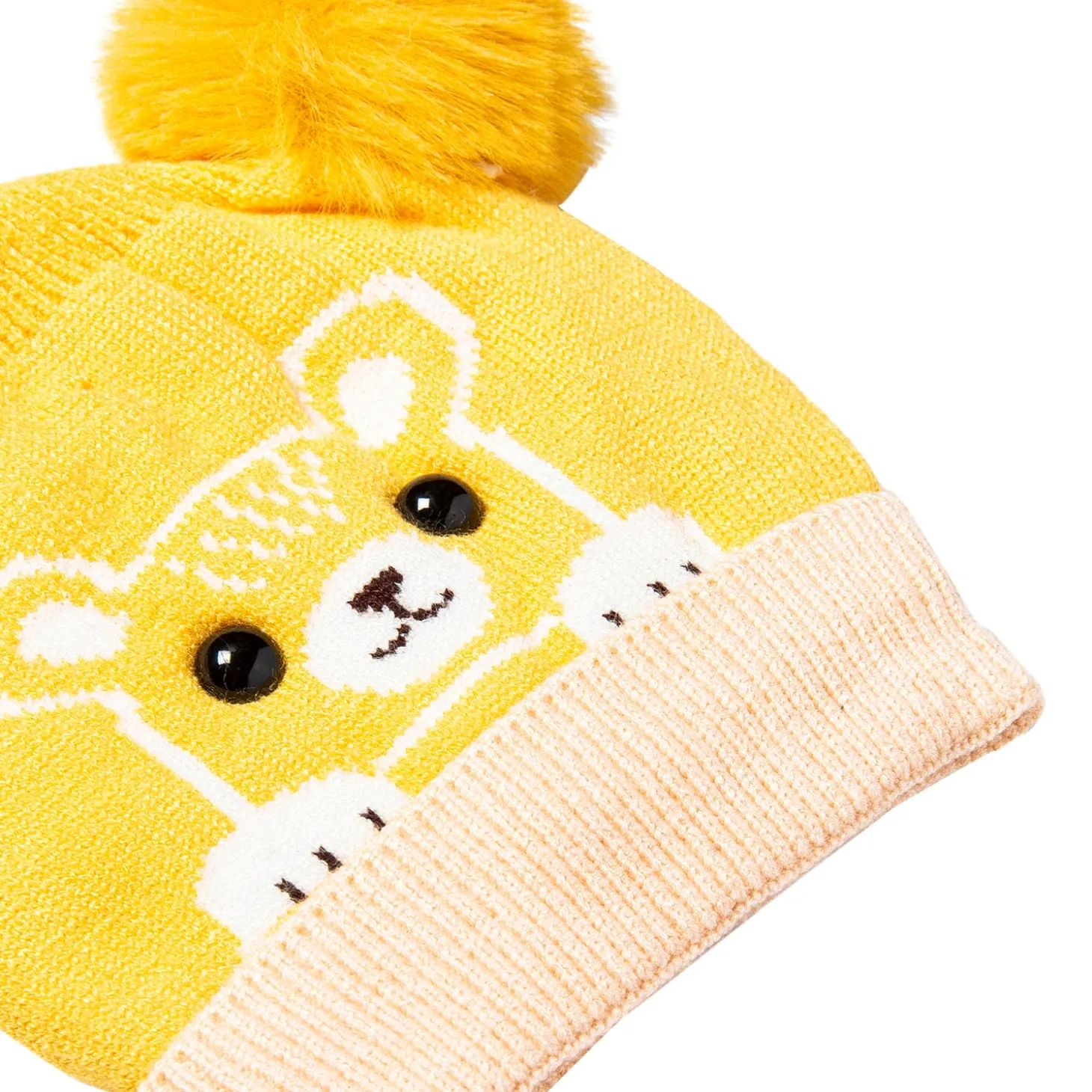 Knit Woollen Cap Pom Pom Bear Yellow