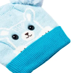 Knit Woollen Cap Pom Pom Bear Blue