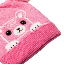 Knit Woollen Cap Pom Pom Bear Pink