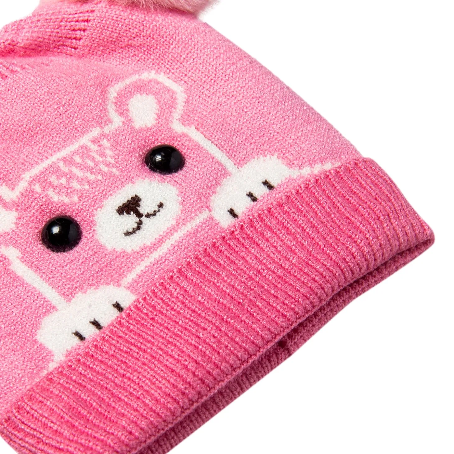 Knit Woollen Cap Pom Pom Bear Pink