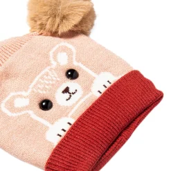 Knit Woollen Cap Pom Pom Bear Peach