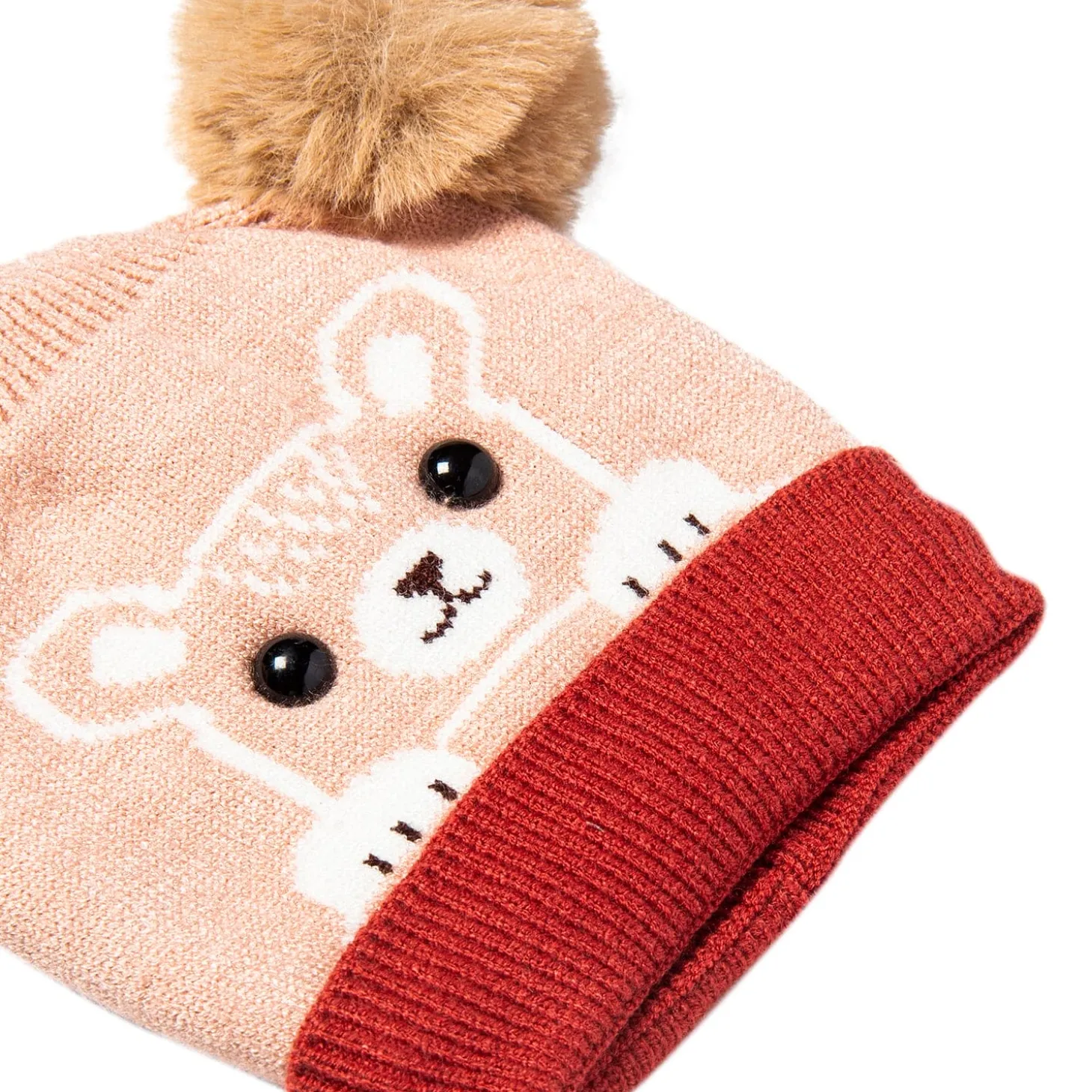 Knit Woollen Cap Pom Pom Bear Peach