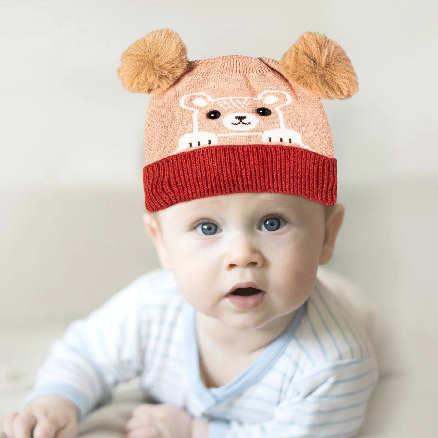 Knit Woollen Cap Pom Pom Bear Peach