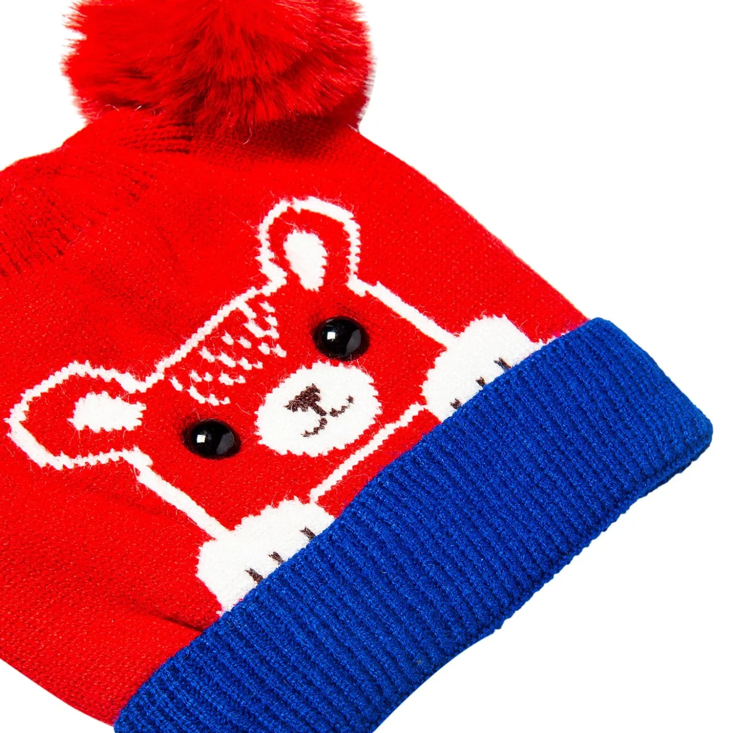 Knit Woollen Cap Pom Pom Bear Red And Blue