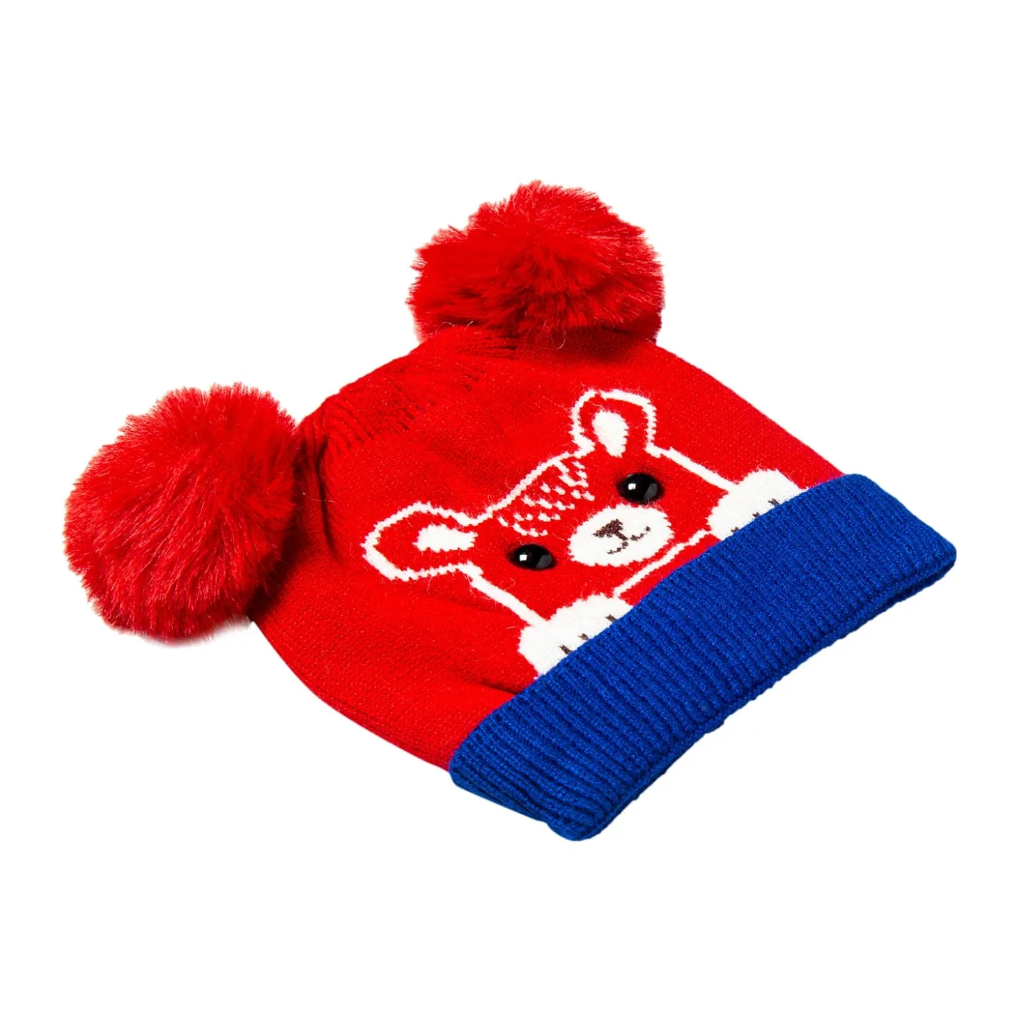 Knit Woollen Cap Pom Pom Bear Red And Blue