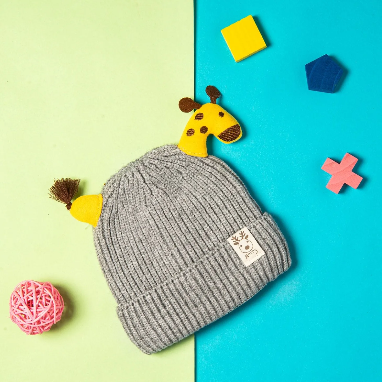 Knit Woollen Cap Winter Beanie 3D Reindeer Antler Grey
