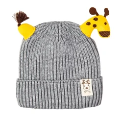 Knit Woollen Cap Winter Beanie 3D Reindeer Antler Grey