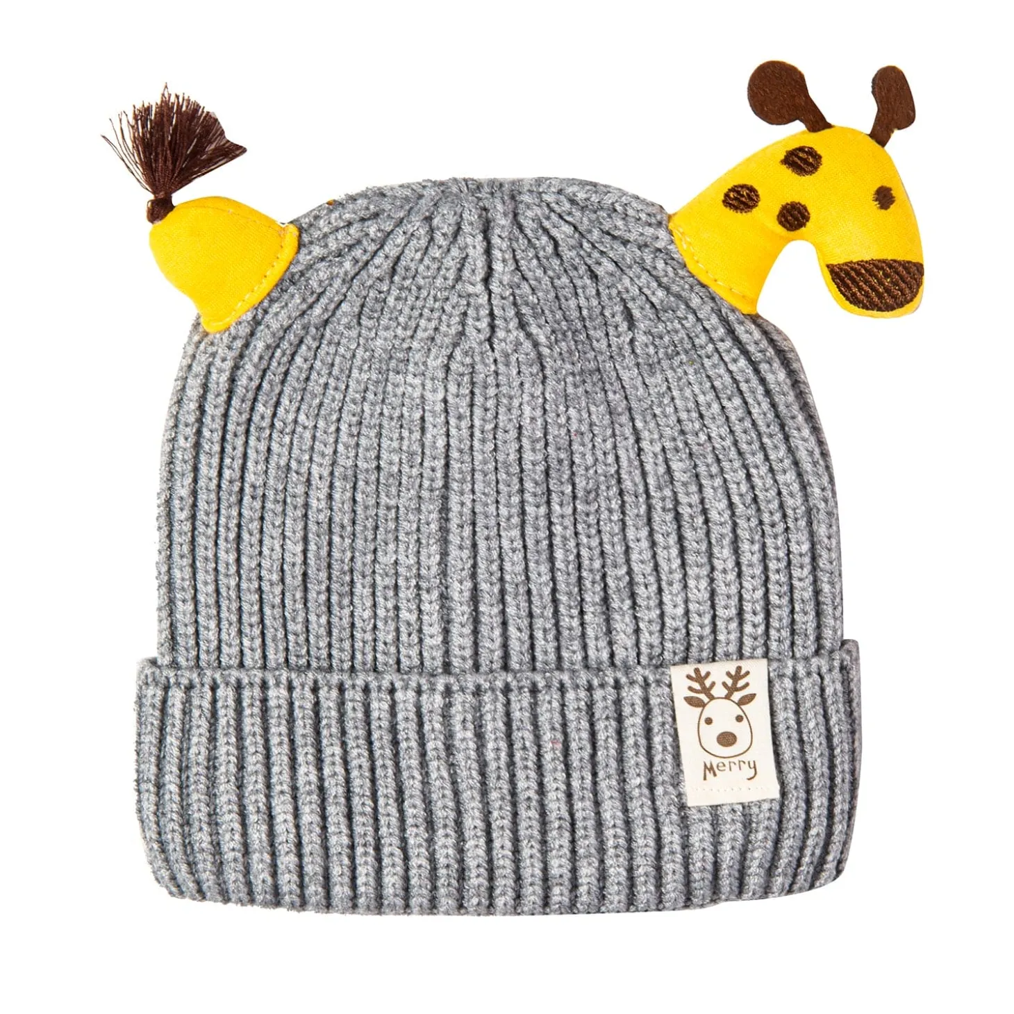 Knit Woollen Cap Winter Beanie 3D Reindeer Antler Grey