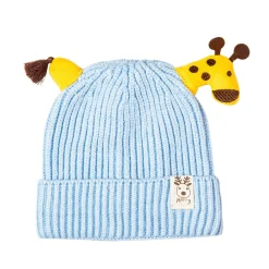 Knit Woollen Cap Winter Beanie 3D Reindeer Antler Blue