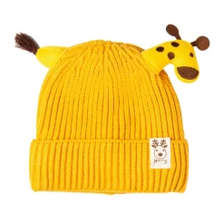Knit Woollen Cap Winter Beanie 3D Reindeer Antler Yellow