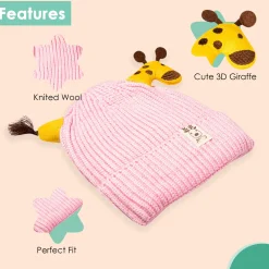 Knit Woollen Cap Winter Beanie 3D Reindeer Antler Pink