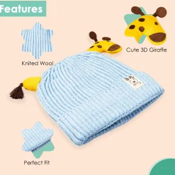 Knit Woollen Cap Winter Beanie 3D Reindeer Antler Blue